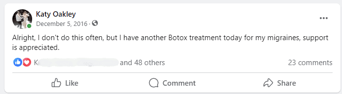 A Facebook post from December 5, 2016, where the user mentions having another Botox treatment for migraines and asks for support; 48 likes and 23 comments.