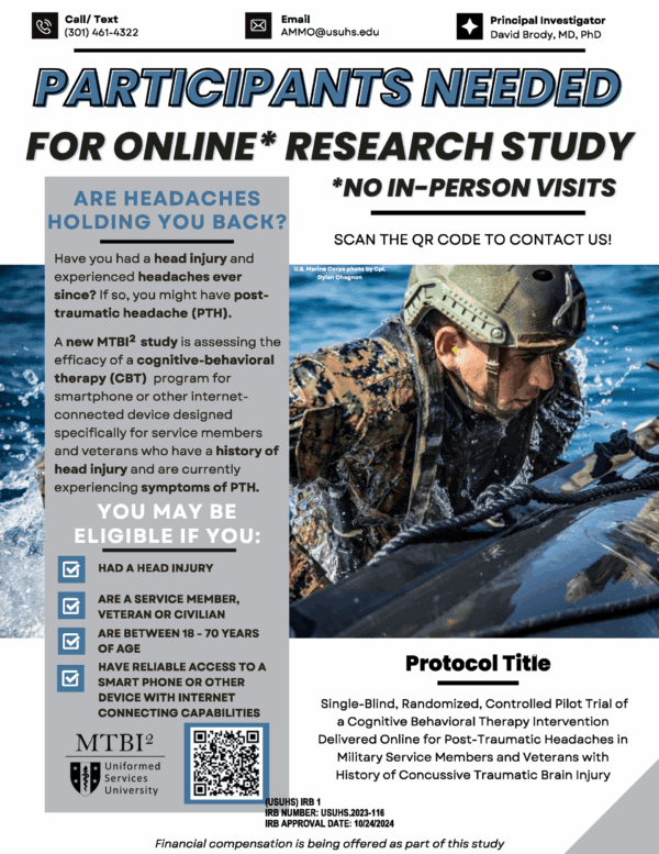 A flyer seeking participants for an online research study about post-traumatic headache, with study details, eligibility criteria, and contact information.