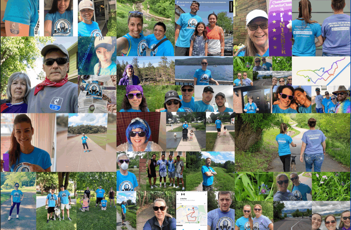 Collage of people outdoors wearing event shirts, walking, running, and taking selfies in various locations, including parks, trails, and streets; some maps and group photos included.