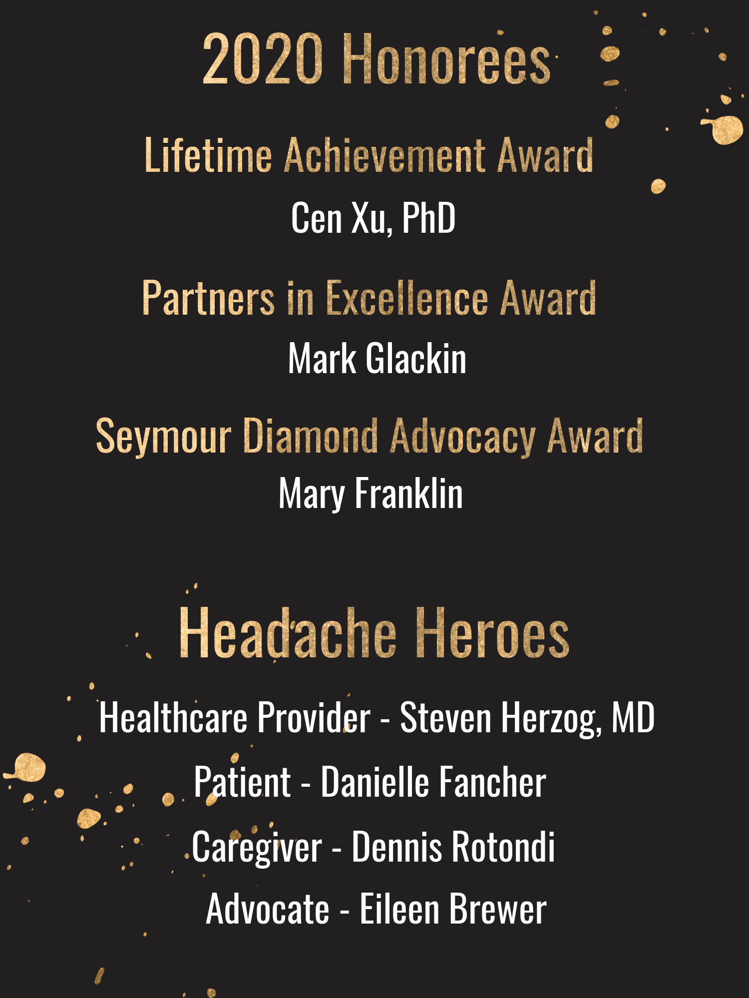 2020 Honorees and Headache Heroes award winners listed by name and category on a black background with gold splatter accents.
