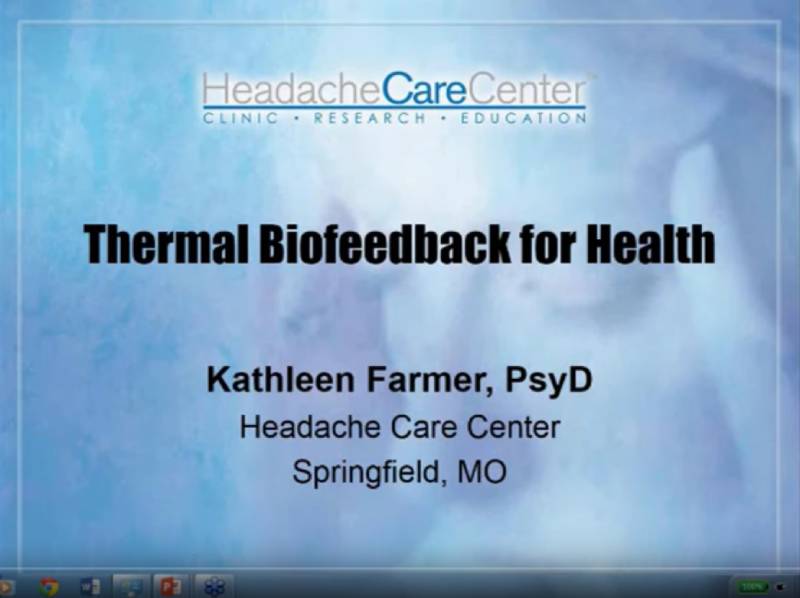Presentation slide titled "Thermal Biofeedback for Health" by Kathleen Farmer, PsyD, from Headache Care Center, Springfield, MO.
