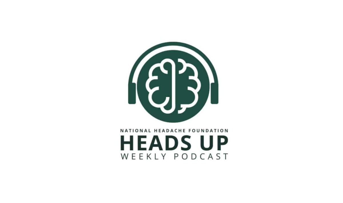 Logo for the National Headache Foundation’s "Heads Up Weekly Podcast" featuring a brain wearing headphones above the podcast title.