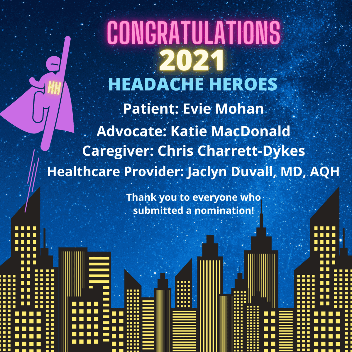 Graphic with "Congratulations 2021 Headache Heroes" and names of awardees: Evie Mohan, Katie MacDonald, Chris Charrett-Dykes, Jaclyn Duvall, MD, over a city skyline at night.