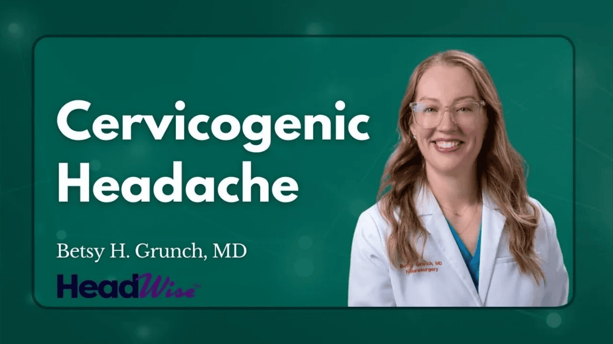 Dr. Betsy H. Grunch in a white coat stands beside text reading "Cervicogenic Headache" on a green background with logos for HeadWise and NGPG Neurosurgery.