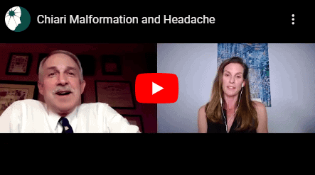 Screenshot of a video call with a man in a white shirt and tie on the left and a woman with long hair and earphones on the right, titled "Chiari Malformation and Headache.