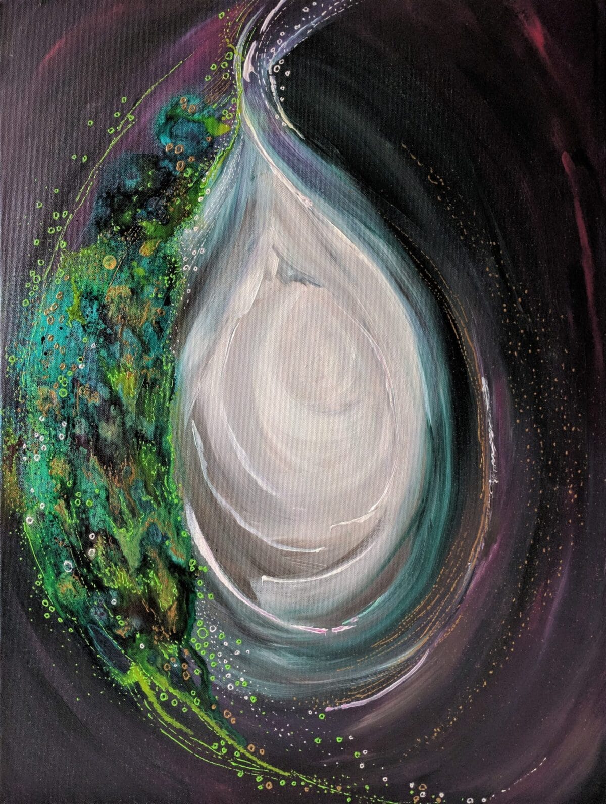 Abstract painting featuring a swirling white and gray teardrop shape next to textured green and blue patterns against a dark background.