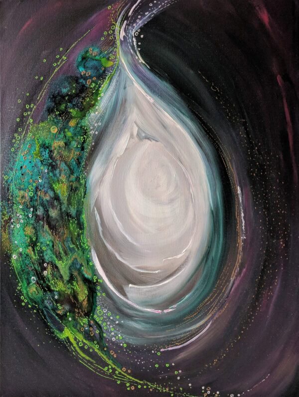 Abstract painting featuring a swirling white and gray teardrop shape next to textured green and blue patterns against a dark background.