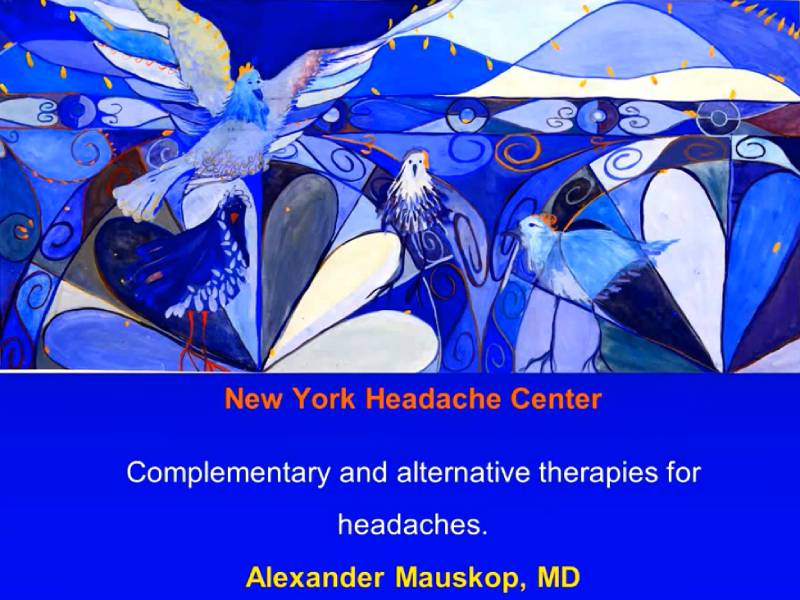 Colorful painting of birds above text that reads: "New York Headache Center. Complementary and alternative therapies for headaches. Alexander Mauskop, MD.