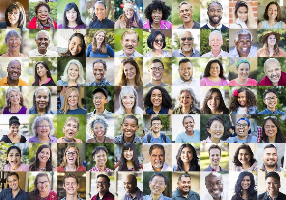 A collage of diverse people of various ages and ethnicities smiling, shown in individual square portraits arranged in a grid pattern.