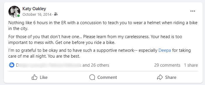 A Facebook post by Katy Oakley describing a concussion from a bike accident, urging helmet use, and thanking Deepa for support.
