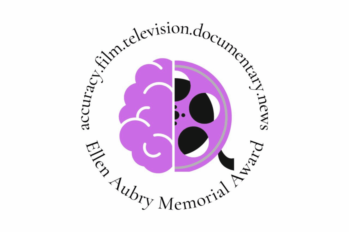 A circular logo with a purple brain on the left and a black film reel on the right, surrounded by the text "Ellen Aubry Memorial Award" and related keywords.