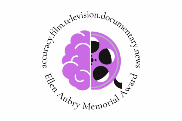 A circular logo with a purple brain on the left and a black film reel on the right, surrounded by the text 