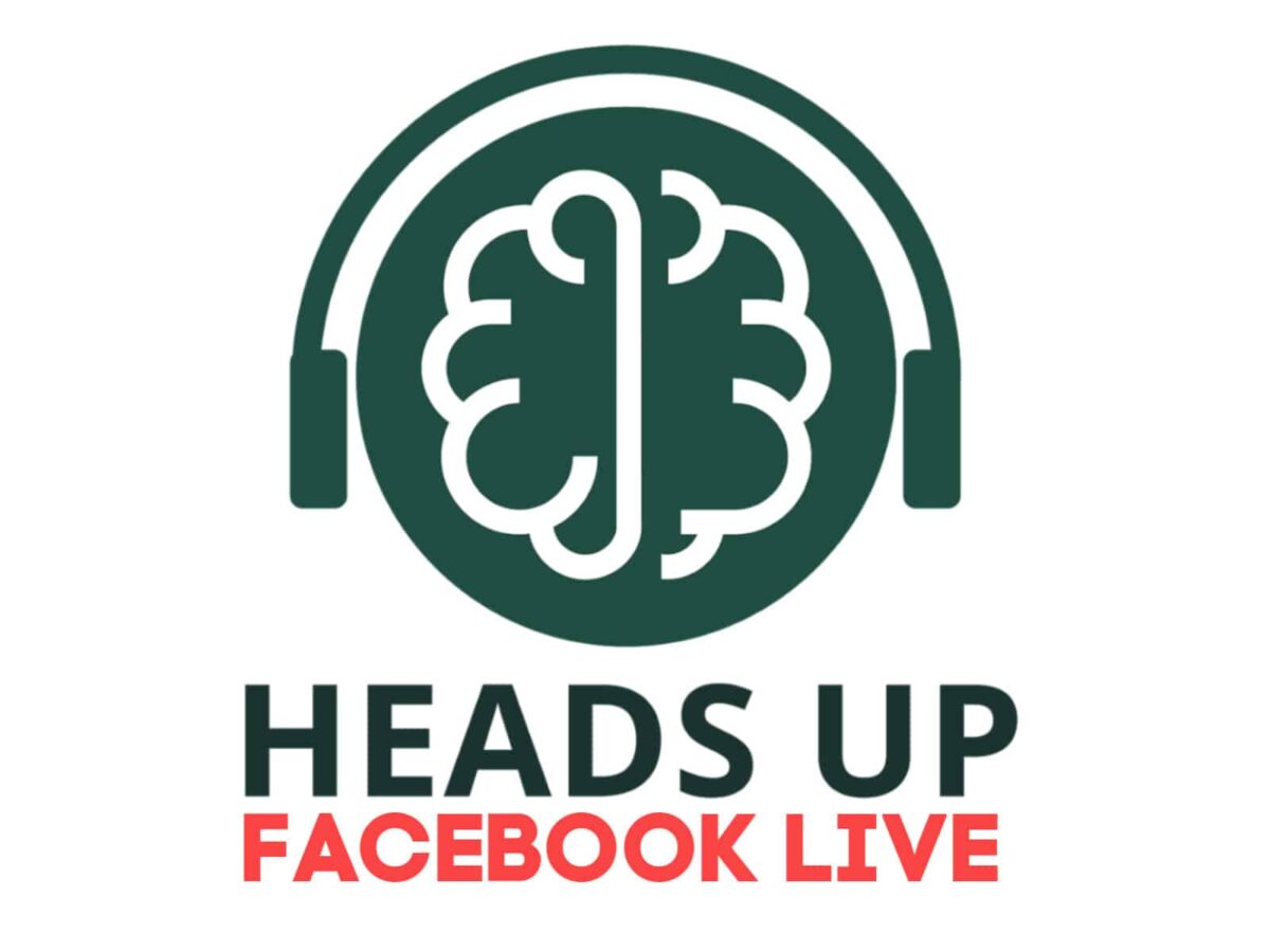 Logo with a brain wearing headphones above the words “HEADS UP” in green and “FACEBOOK LIVE” in red.