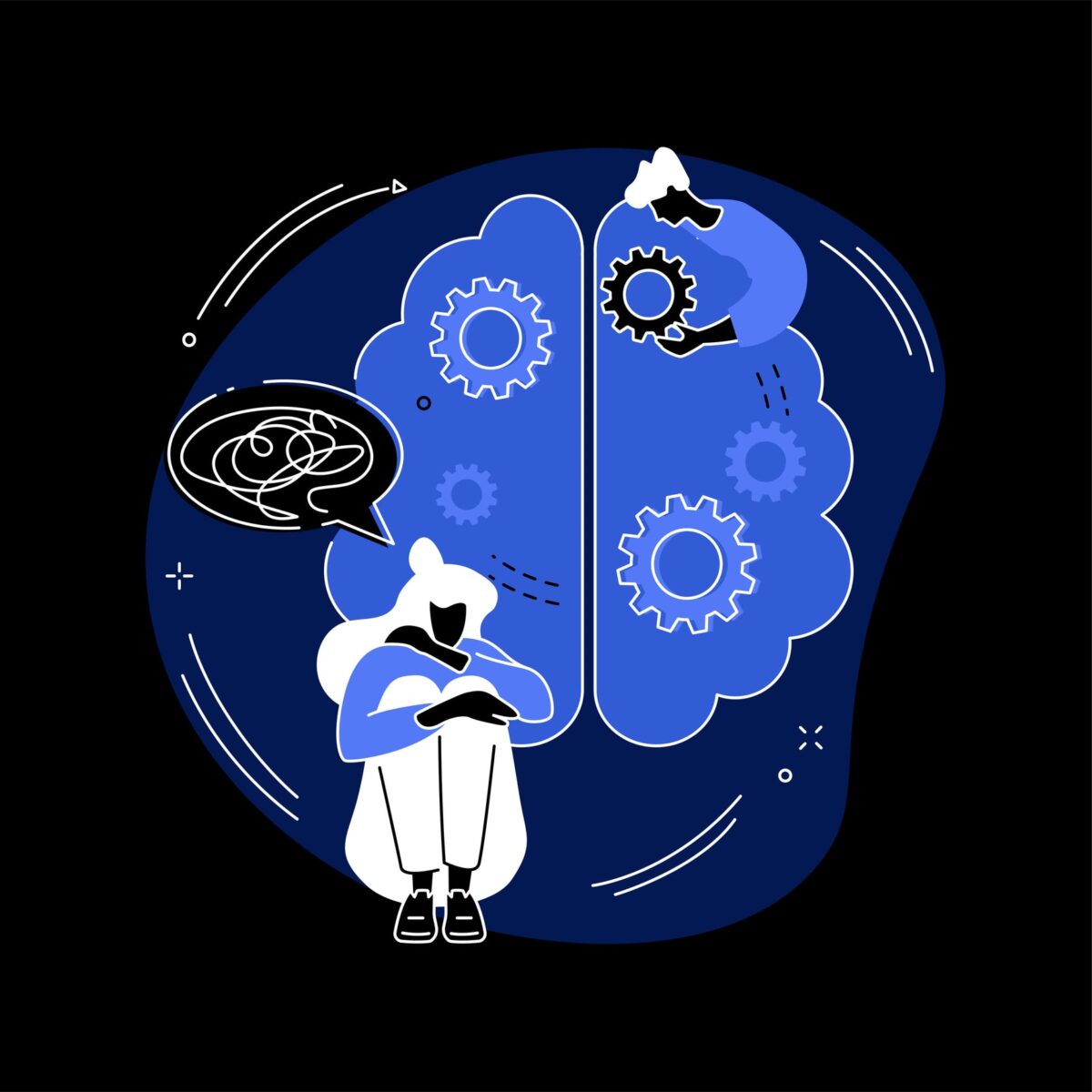 Illustration of a person sitting with their head down beside a brain with gears, symbolizing mental health and problem-solving.