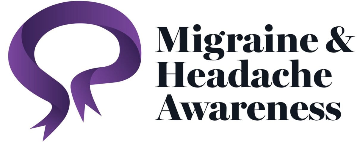Purple ribbon shaped like a head with the text "Migraine & Headache Awareness" in bold black letters on a white background.