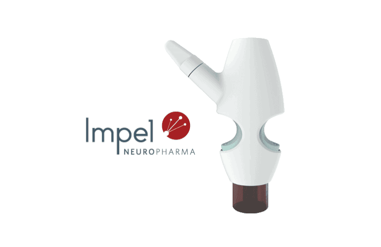 White medical device with a nozzle and cap displayed next to the Impel NeuroPharma logo on a white background.