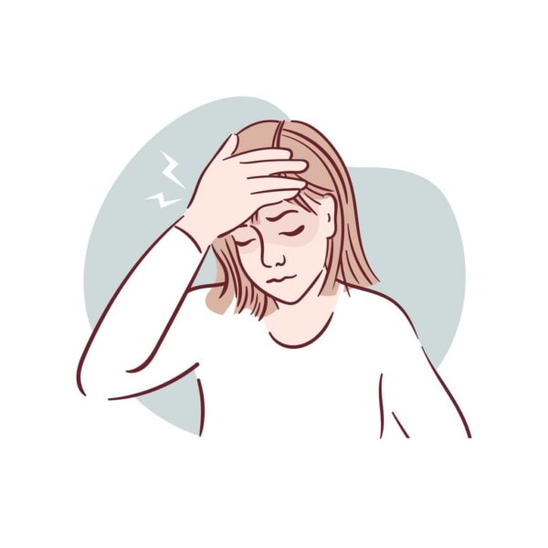Illustration of a woman holding her forehead with her eyes closed, appearing to have a headache or feel unwell.