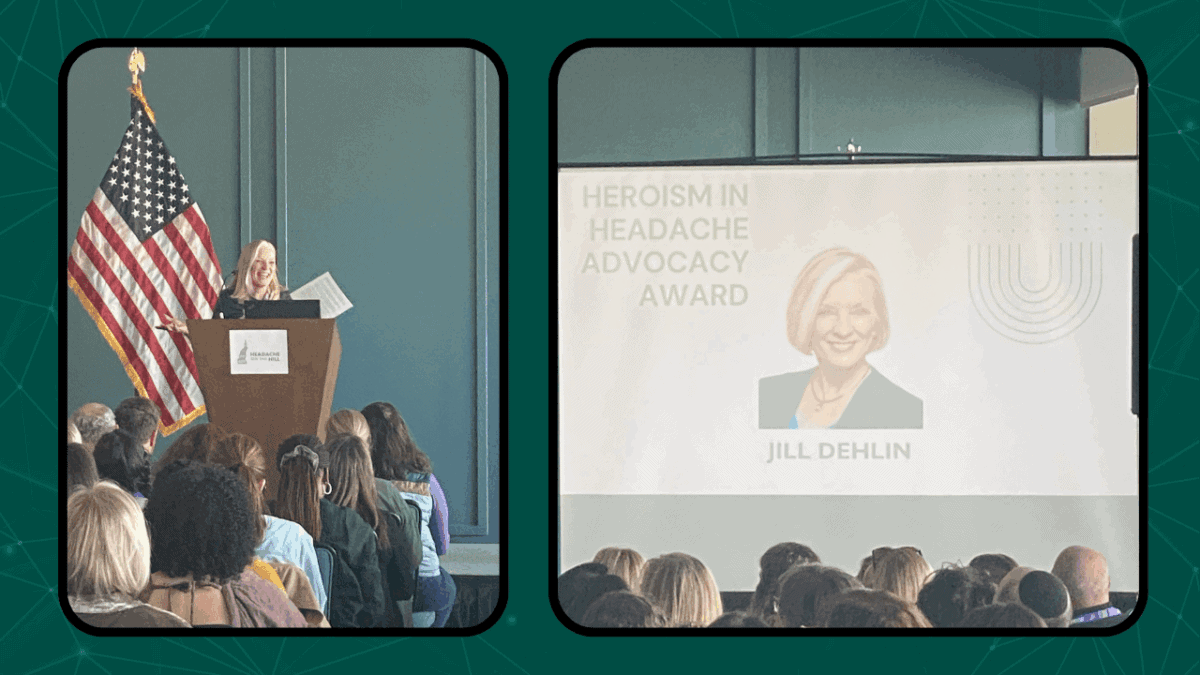 A woman speaks at a podium next to an American flag; a screen displays “Heroism in Headache Advocacy Award” and a photo labeled “Jill Dehlin” to an audience.