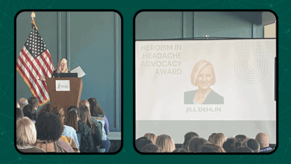 A woman speaks at a podium next to an American flag; a screen displays “Heroism in Headache Advocacy Award” and a photo labeled “Jill Dehlin” to an audience.