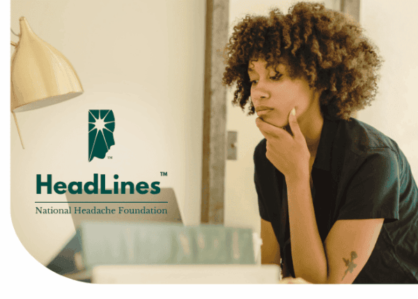 A woman sits at a desk looking at a laptop with her hand on her chin; National Headache Foundation logo and 