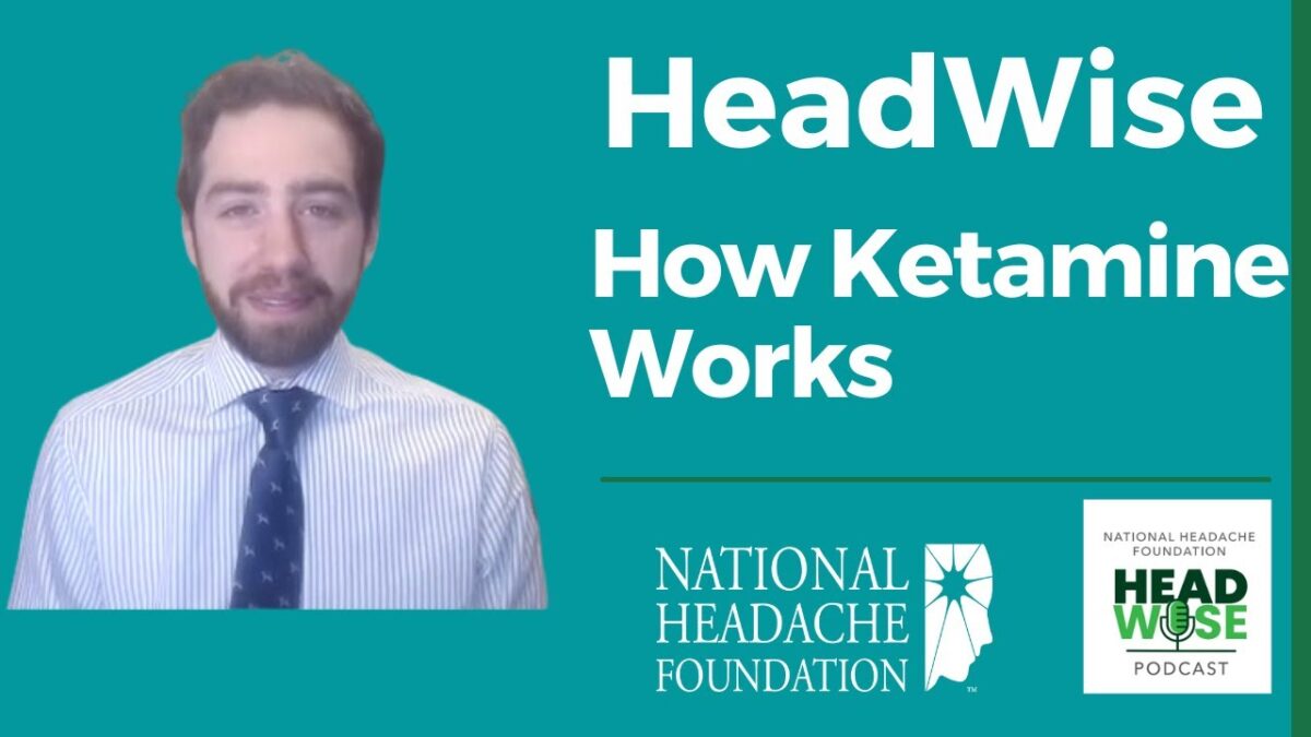 A man in a striped shirt and tie is next to text reading “HeadWise: How Ketamine Works” and National Headache Foundation and HeadWise Podcast logos on a teal background.