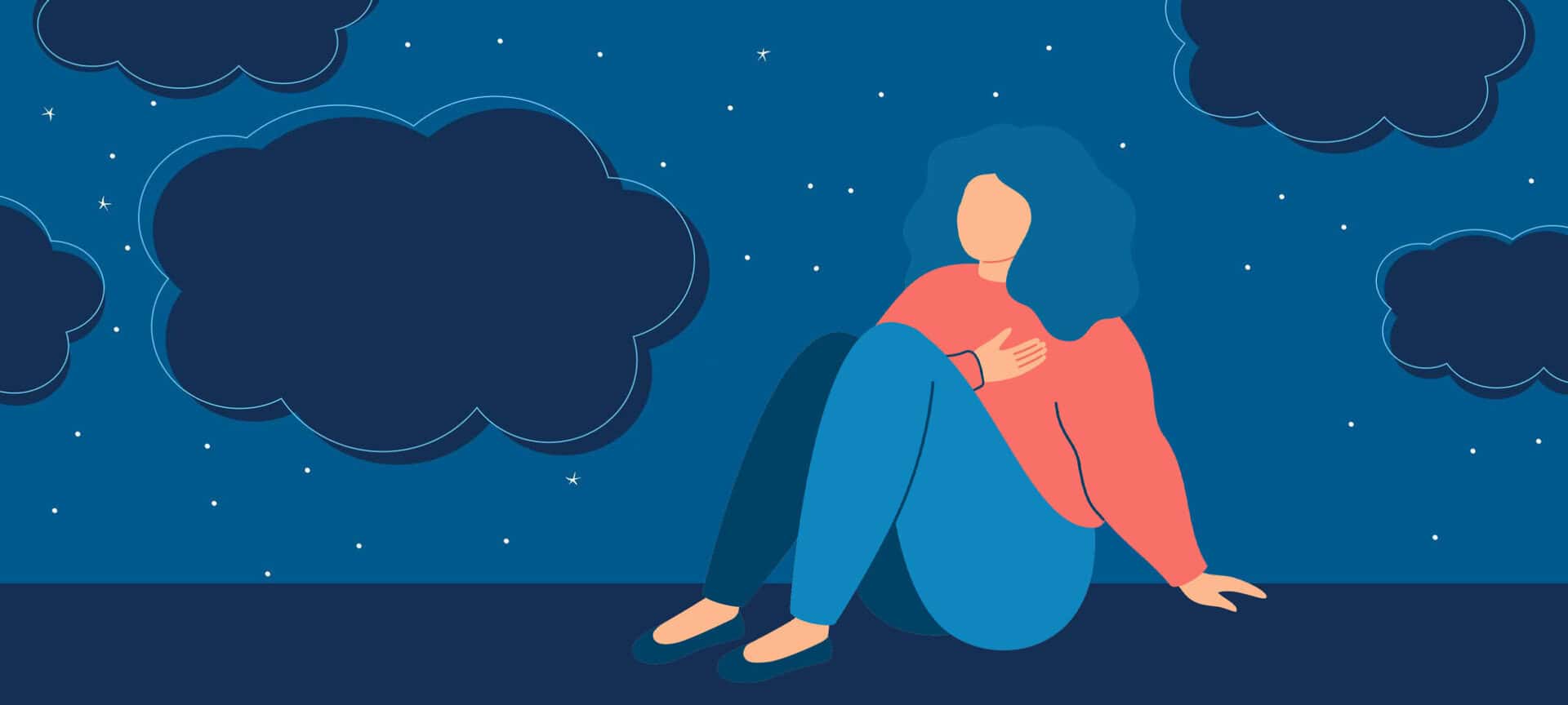 Illustration of a person with blue hair sitting on the ground at night, surrounded by dark clouds and stars, wearing a red top and blue pants.
