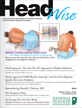 Cover of HeadWise magazine featuring illustrations of a person lying face down and a detailed image of the spine, with articles on spinal cerebrospinal fluid leak and migraine treatments.