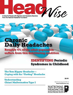 Cover of Head Wise magazine featuring blue and white capsules, with headlines about chronic daily headaches, childhood syndromes, and headache-related topics.