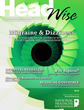 Cover of Head Wise magazine featuring topics on migraine, dizziness, occipital neuralgia, aspirin, allergies in children, and the National Headache Foundation.