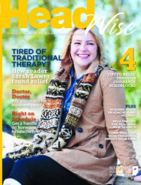 Smiling woman in a patterned scarf and tan coat sits outdoors; magazine cover text discusses migraine and headache topics.