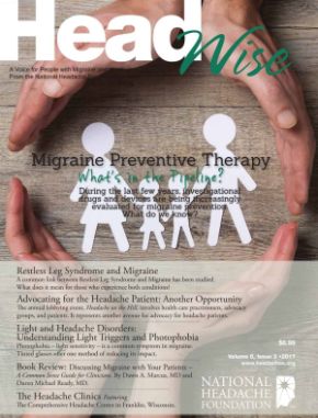 Magazine cover showing hands forming a shelter over paper cutouts of a family, with the headline "Migraine Preventive Therapy: What’s in the Pipeline?" and article titles listed below.