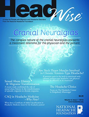 Cover of "Head Wise" magazine featuring the headline "Cranial Neuralgias" and article titles related to headache disorders on a blue background.