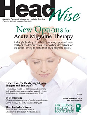 Cover of HeadWise magazine featuring the headline "New Options for Acute Migraine Therapy" and several article titles related to migraine and headache disorders.