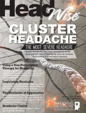 Cover of HeadWise magazine featuring the headline "Cluster Headache: The Most Severe Headache" with related article titles and the National Headache Foundation logo.
