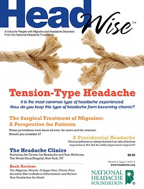 Magazine cover titled "Head Wise" features two frayed rope ends. Headlines discuss tension-type headache, surgical treatment of migraine, headache clinics, and book reviews.