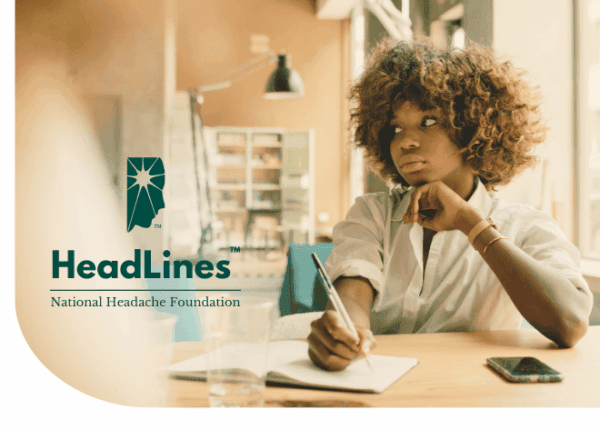 A woman sits at a desk with a notebook and pen, looking thoughtful. Text reads 
