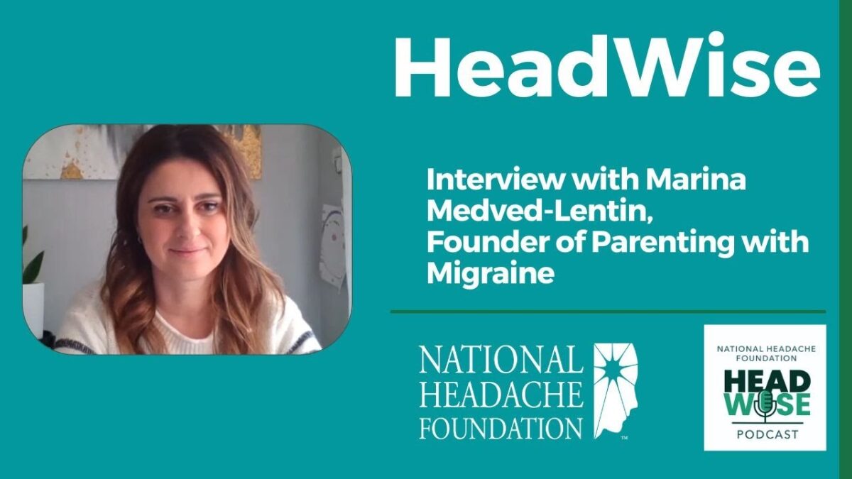 A woman sits in front of a wall, featured in a promotional graphic for the HeadWise podcast by the National Headache Foundation, announcing her interview on parenting with migraine.