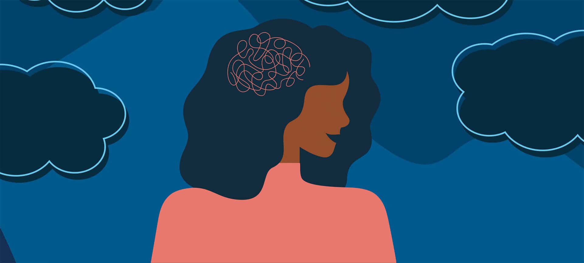 Illustration of a woman with dark hair and a tangled line in her head, symbolizing mental confusion, set against a blue background with cloud shapes.