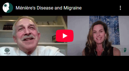 Two people are speaking in a video call titled "Ménière's Disease and Migraine." A man is on the left and a woman is on the right, both smiling.
