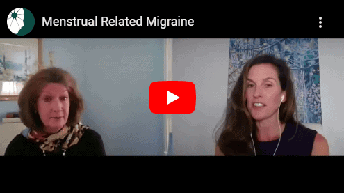 Two women are speaking in a split-screen video titled "Menstrual Related Migraine." One woman wears a scarf and the other has earphones.