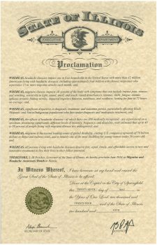A proclamation document from the State of Illinois featuring official text, an emblem at the top, and signatures at the bottom.