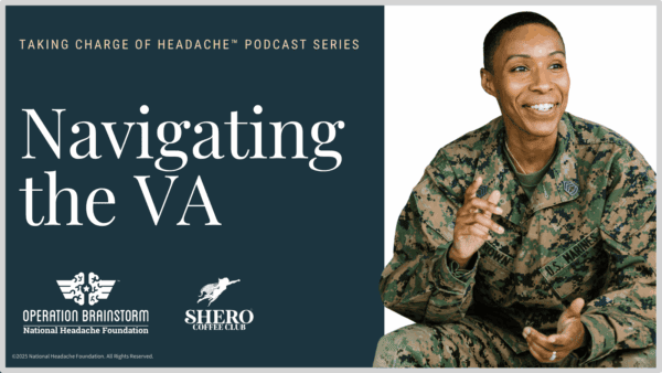 A smiling person in military uniform sits and gestures, beside text promoting a podcast titled 