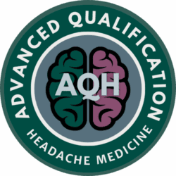 A circular badge with the text "Advanced Qualification Headache Medicine" around an image of a brain split in half and the initials "AQH" in the center.