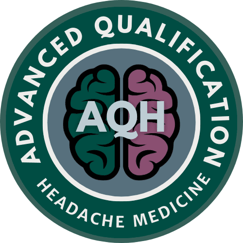 A circular badge with a brain graphic and the letters "AQH," reads "Advanced Qualification Headache Medicine" around the border.