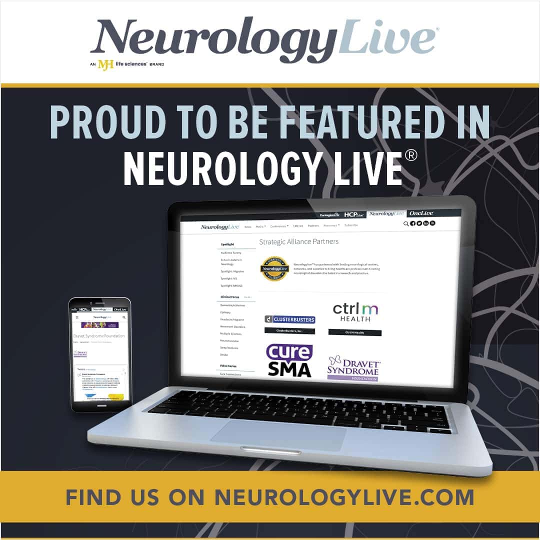 A laptop and smartphone display the NeurologyLive website, highlighting partnerships. Text reads, "Proud to be featured in NeurologyLive. Find us on NeurologyLive.com.