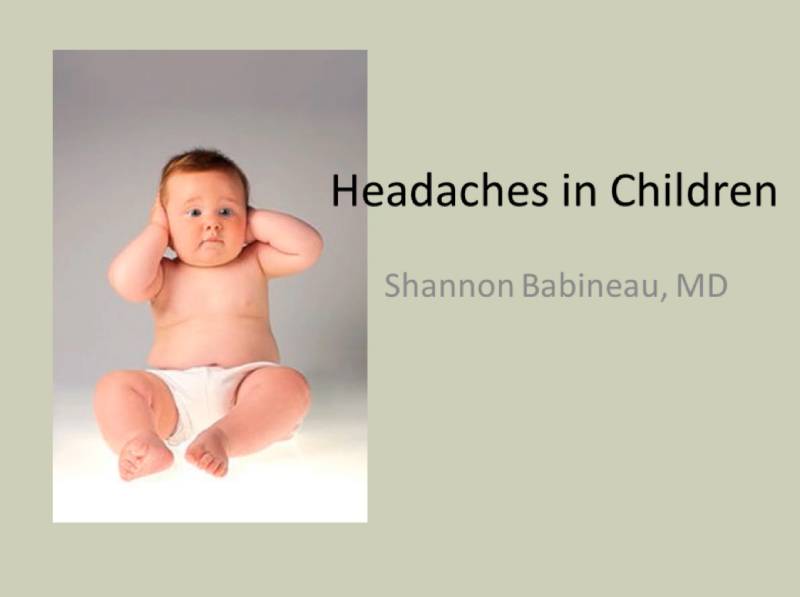 A baby sits on the floor holding its hands to its head. Text next to the baby reads "Headaches in Children" and "Shannon Babineau, MD.