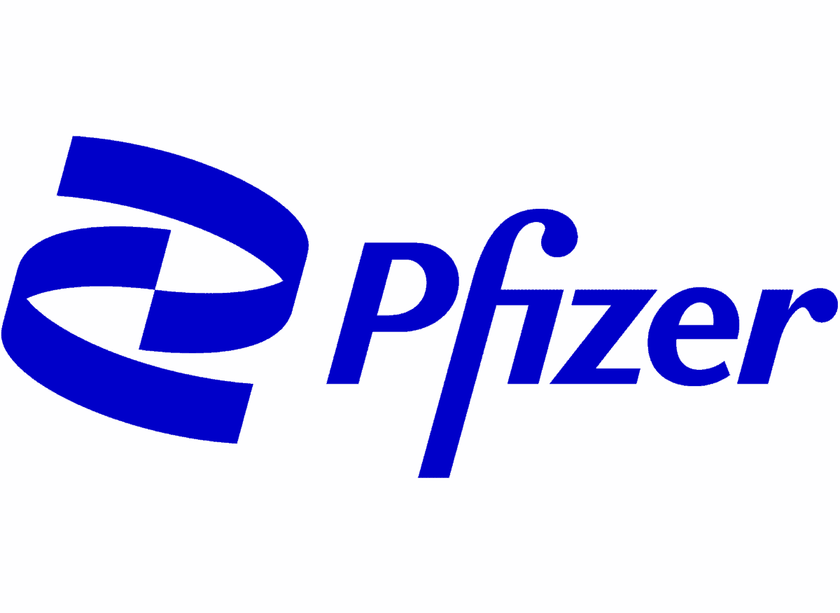 Pfizer logo in blue, featuring a stylized ribbon design to the left of the company name written in a bold, modern font.