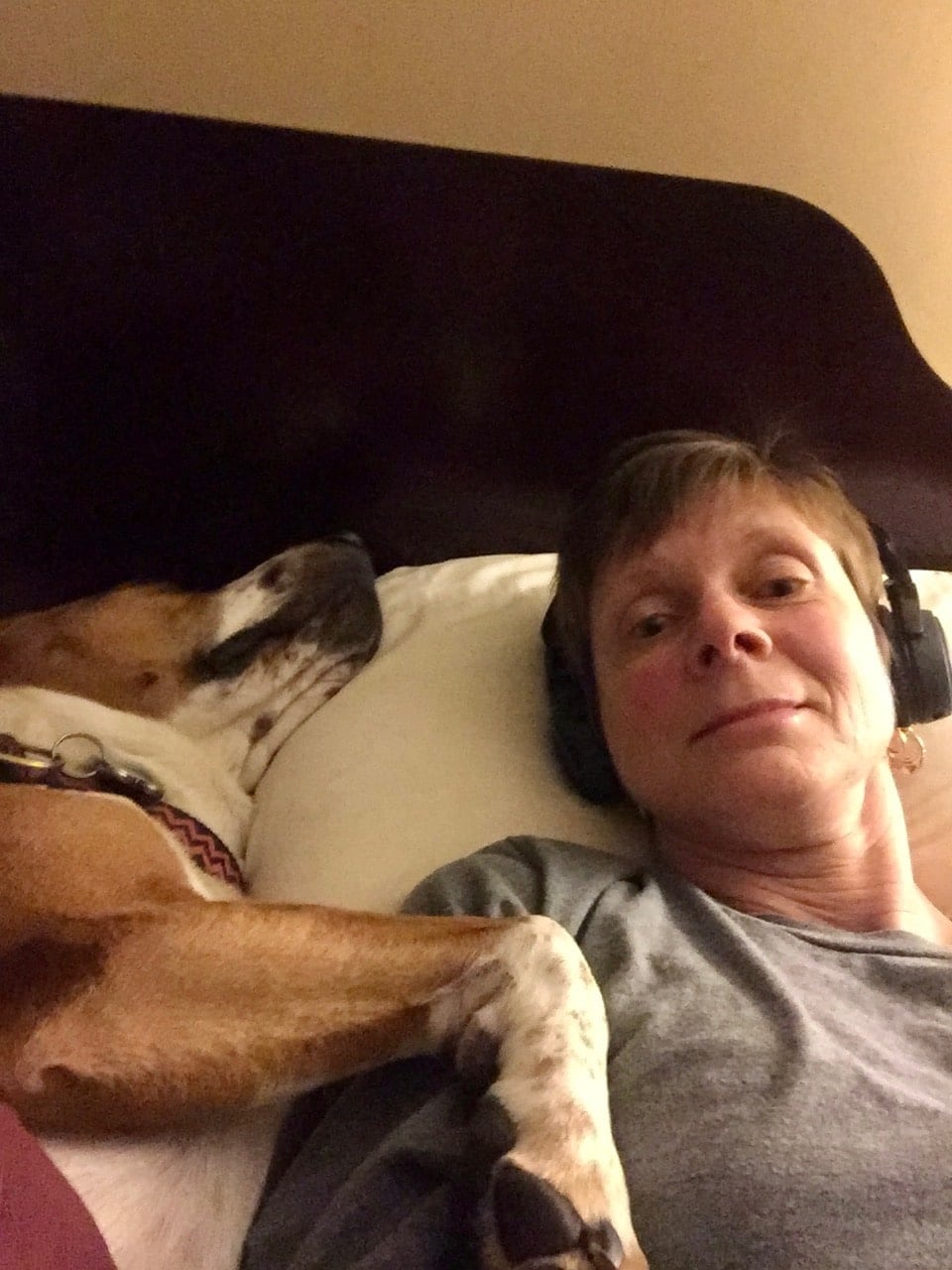 A person wearing headphones lies in bed next to a dog resting its head on a pillow, with the dog's paw visible in the foreground.