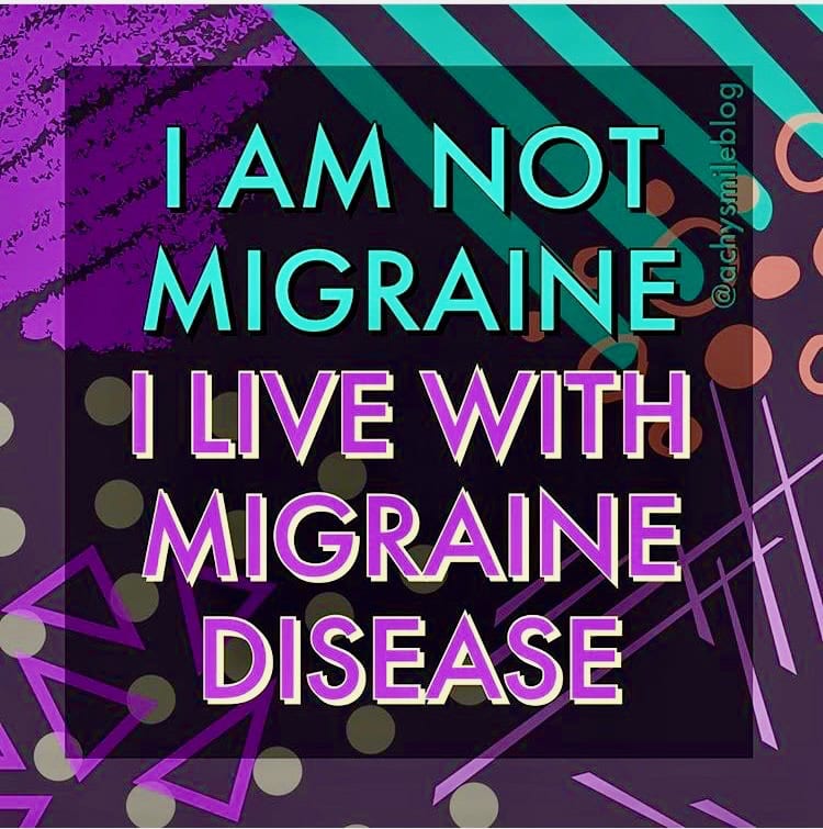 Text graphic with geometric patterns reads: "I am not migraine. I live with migraine disease.