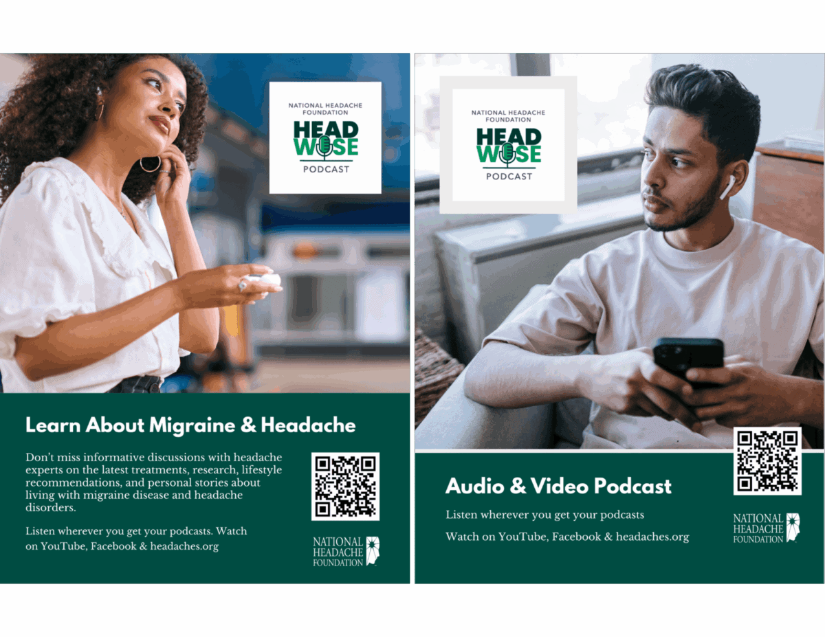 Split poster: Left shows a woman talking on her phone, right shows a man with earbuds holding a phone. Text promotes the HeadWise podcast about migraine and headache awareness.